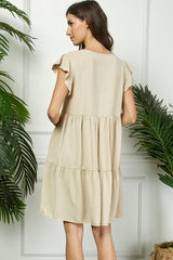 Beige Flutter Sleeve Tiered Dress