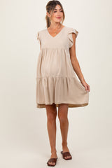 Beige Flutter Sleeve Tiered Maternity Dress