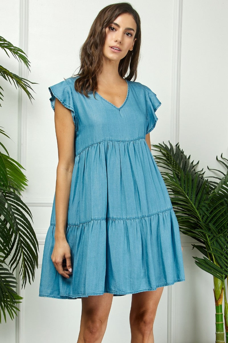 Blue Flutter Sleeve Tiered Dress