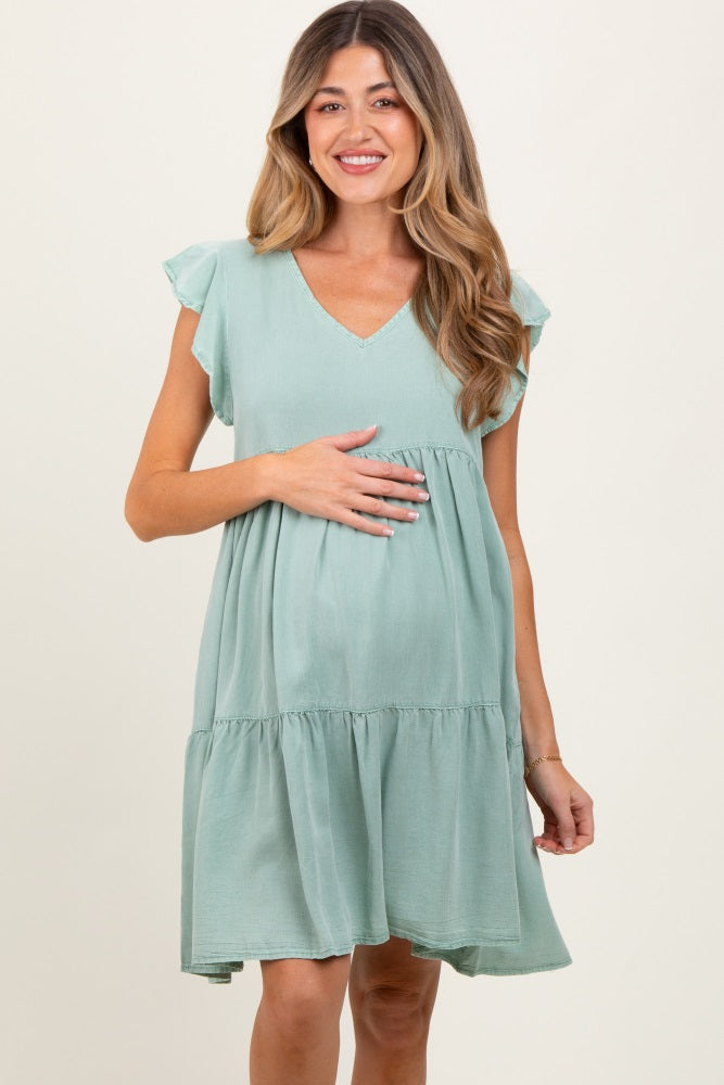 Light Olive Flutter Sleeve Tiered Maternity Dress