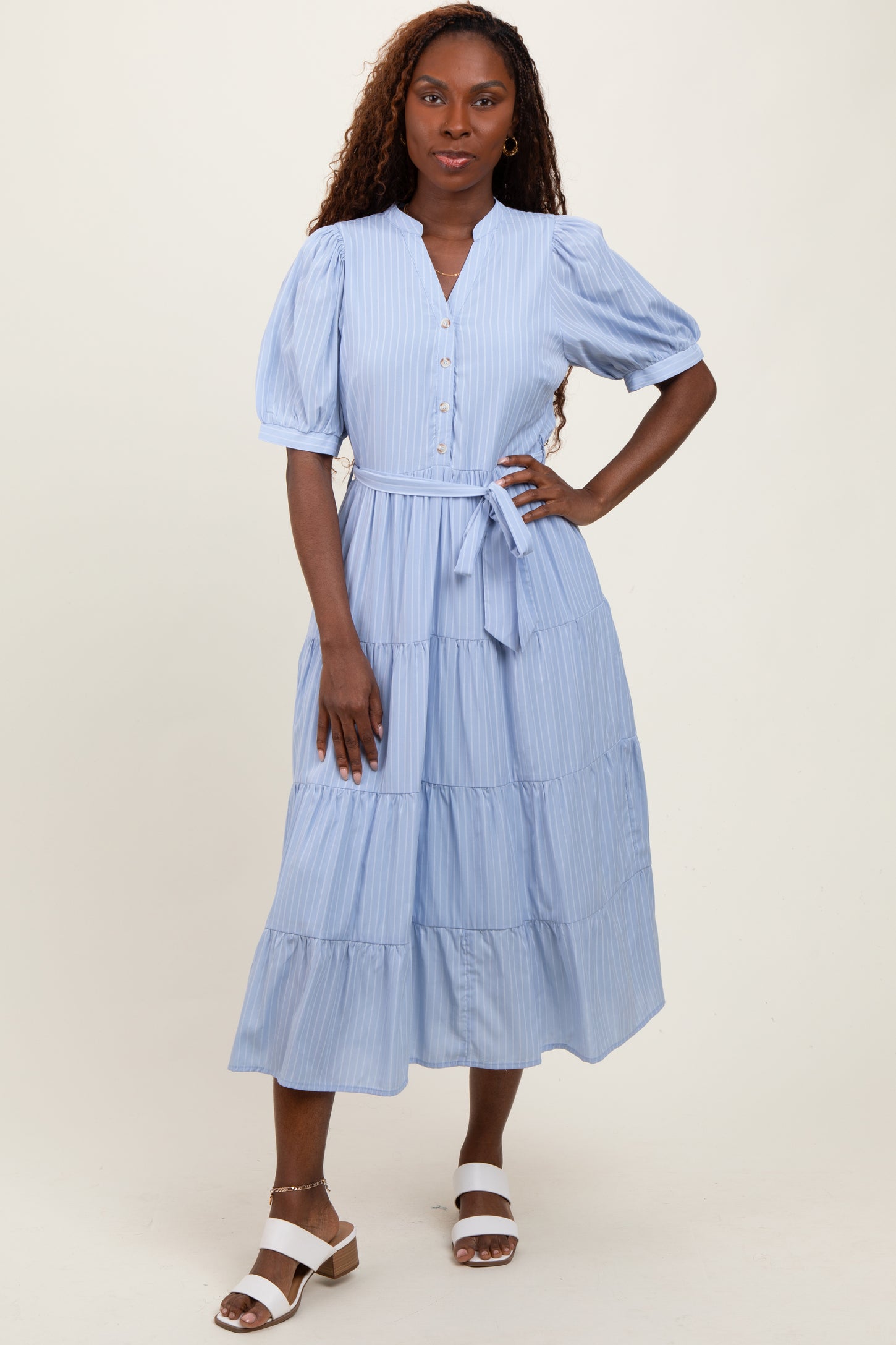 Light Blue Striped Button Up Tiered Maxi Dress