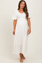 Cream Smocked V-Neck Short Puff Sleeve Textured Maternity Midi Dress