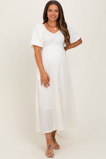 Cream Smocked V-Neck Short Puff Sleeve Textured Maternity Midi Dress
