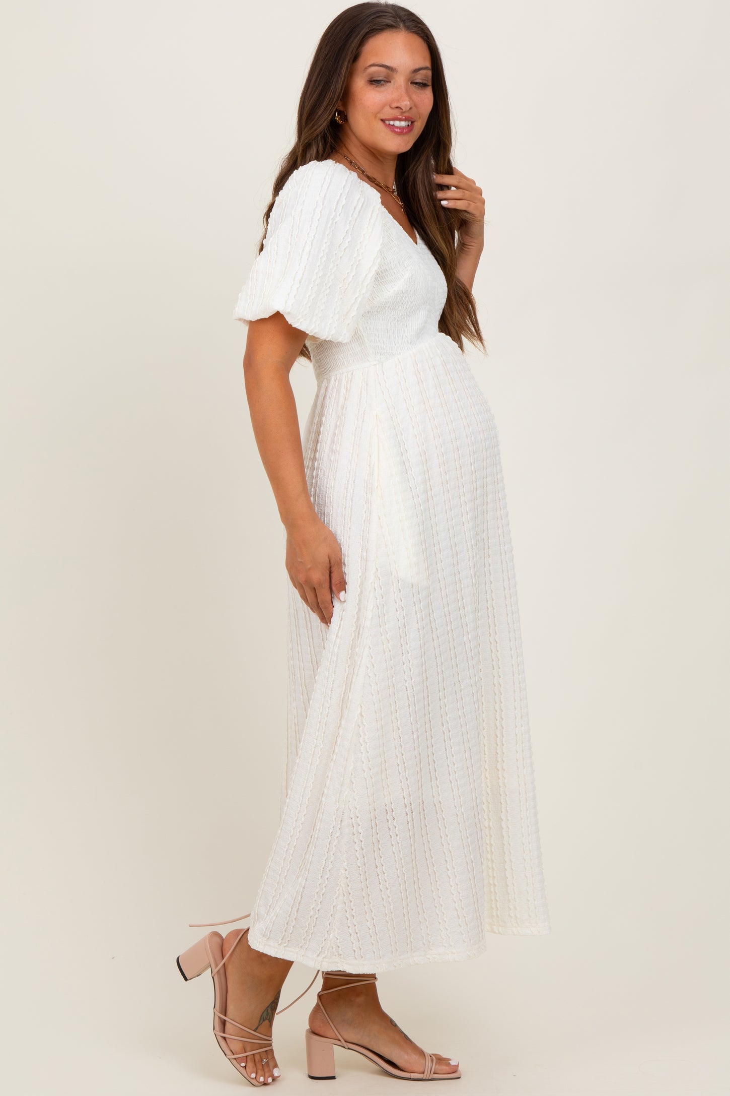 Cream Smocked V-Neck Short Puff Sleeve Textured Maternity Midi Dress