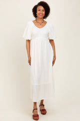 Cream Smocked V-Neck Short Puff Sleeve Textured Maternity Midi Dress