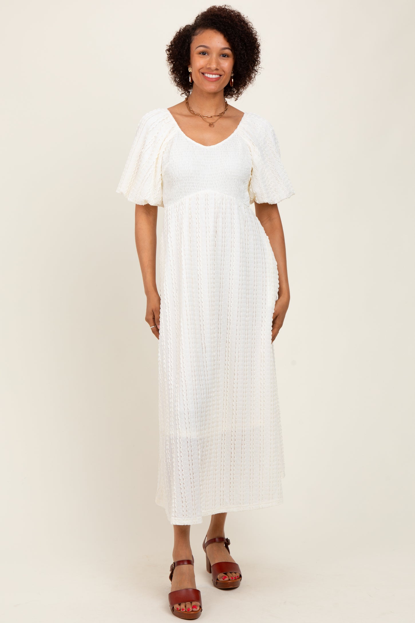Cream Smocked V-Neck Short Puff Sleeve Textured Midi Dress