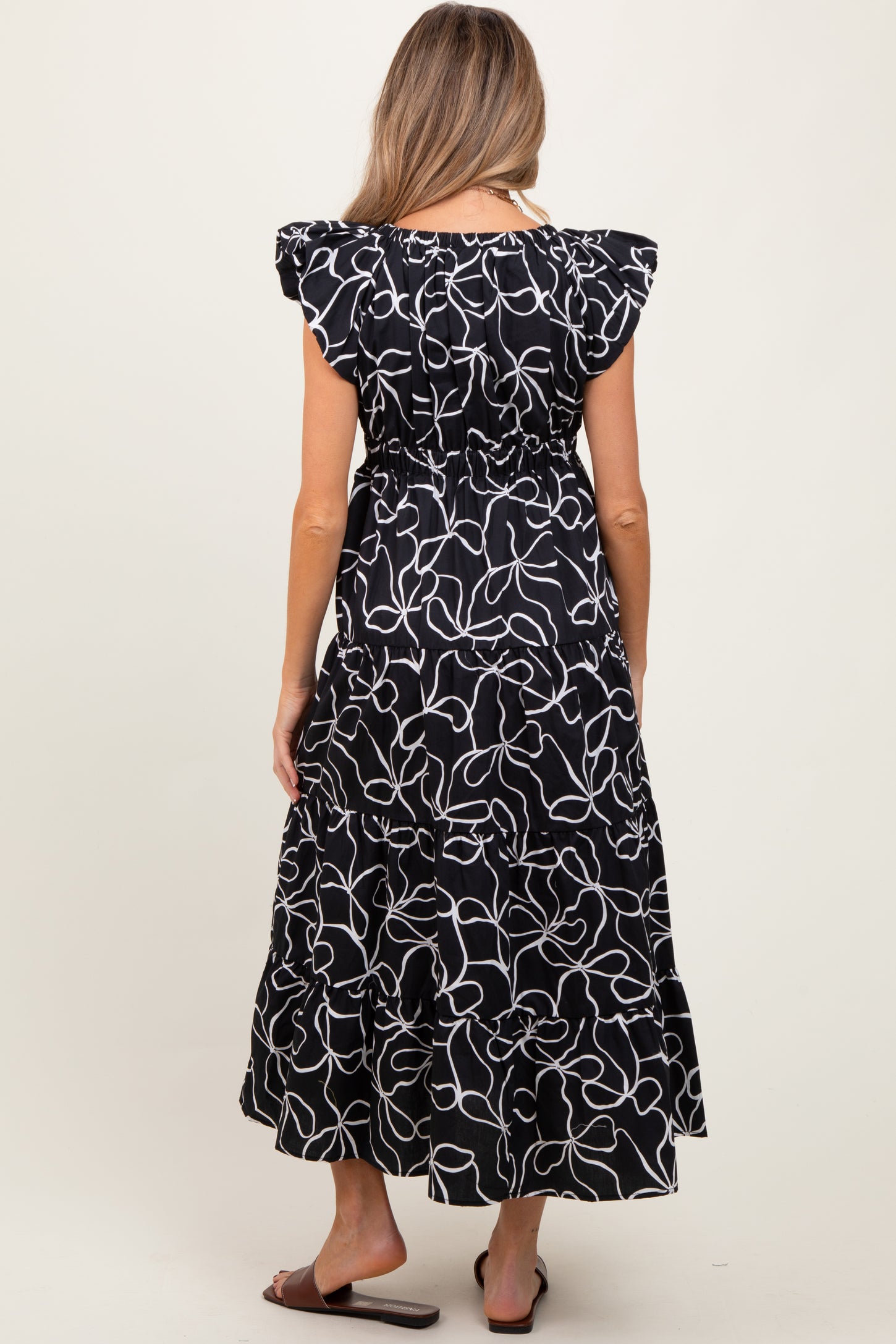 Black Bow Print Ruffle Hem Maternity Midi Dress
