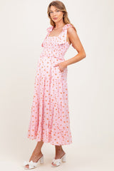 Light Pink Floral Striped Smocked Shoulder Tie Maternity Maxi Dress