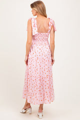 Light Pink Floral Striped Smocked Shoulder Tie Maternity Maxi Dress