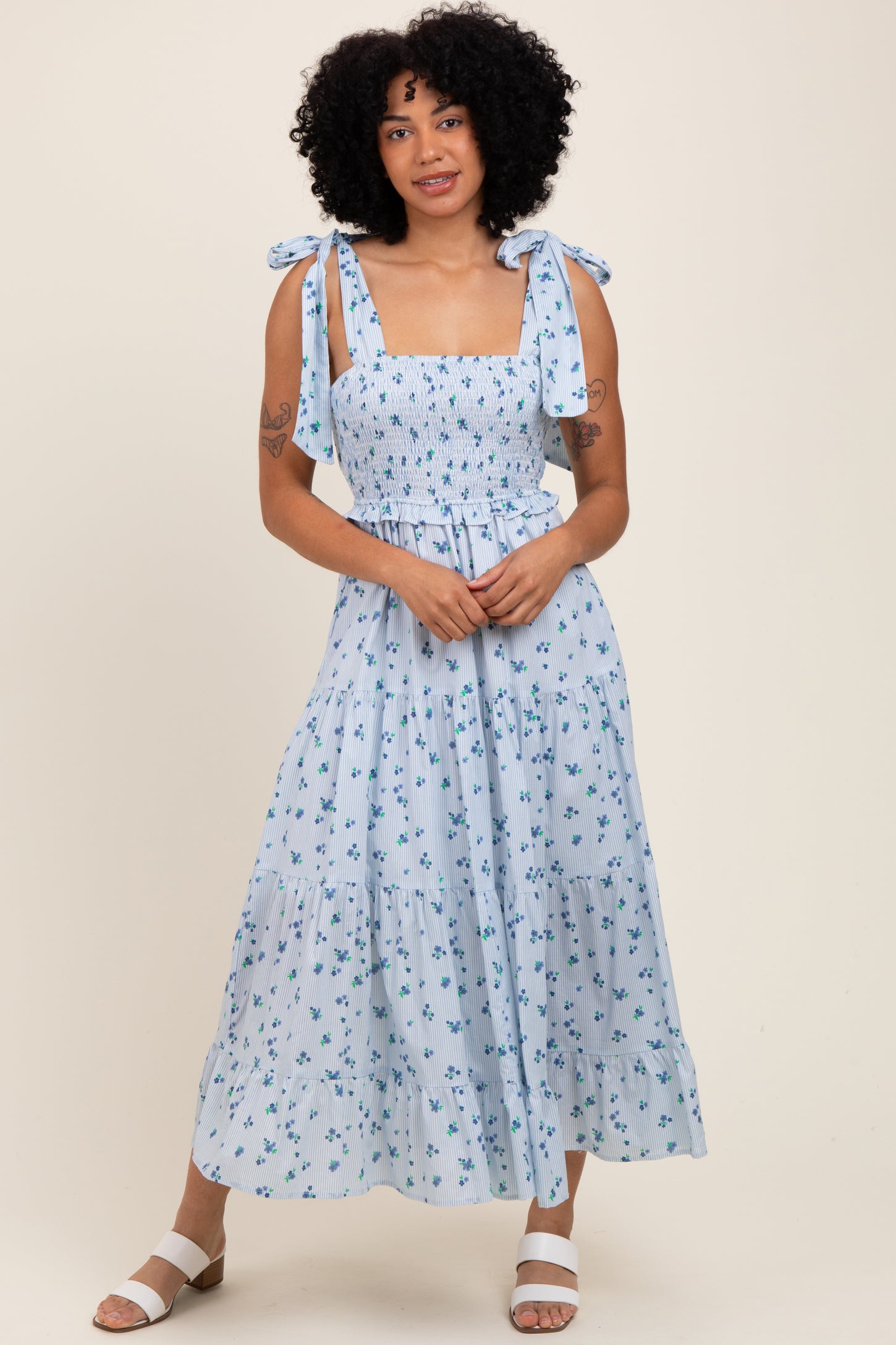 Light Blue Floral Striped Smocked Shoulder Tie Maternity Maxi Dress
