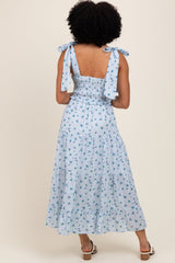 Light Blue Floral Striped Smocked Shoulder Tie Maxi Dress