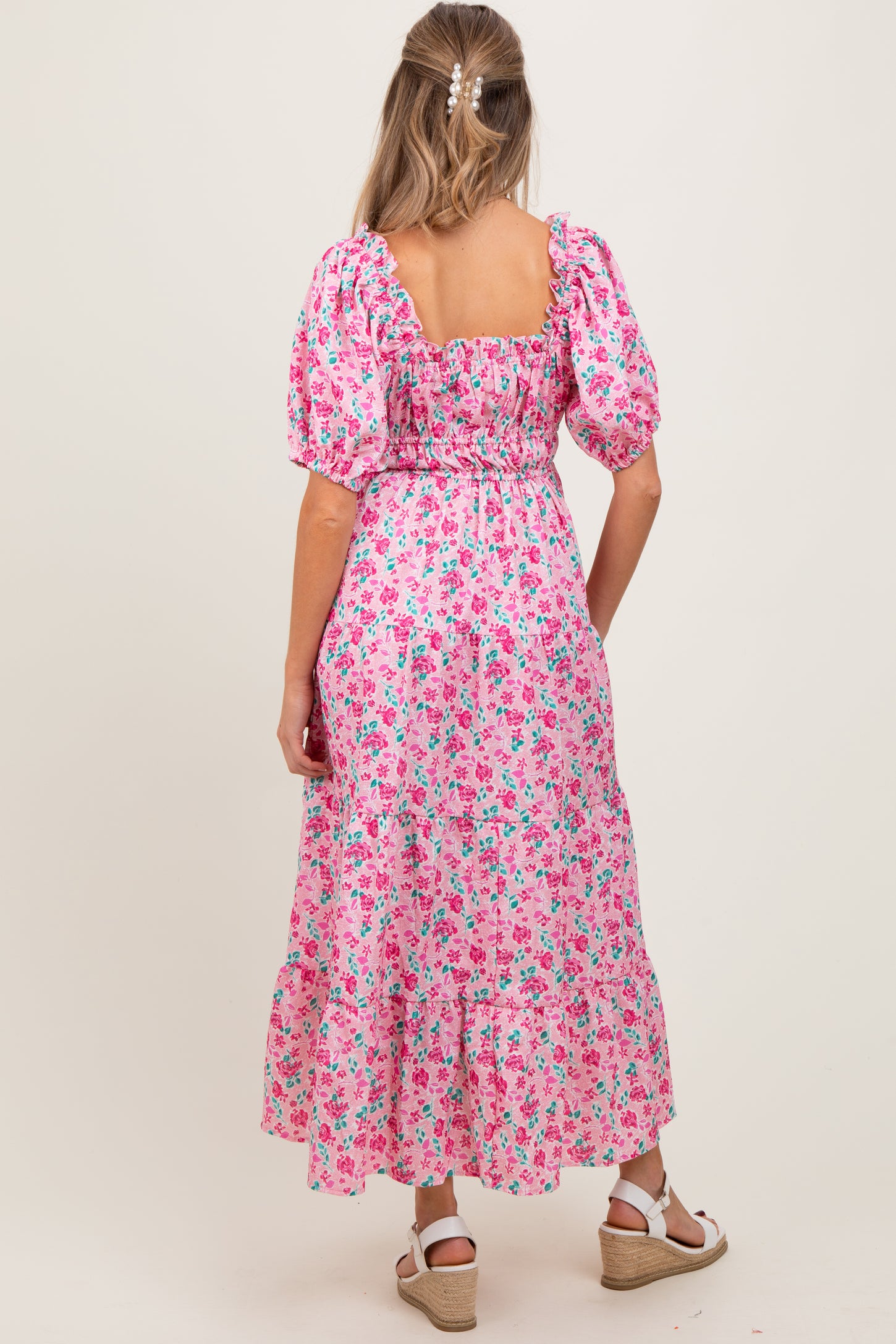 Pink Rose Print Ruffle Trim Puff Sleeve Maternity Maxi Dress