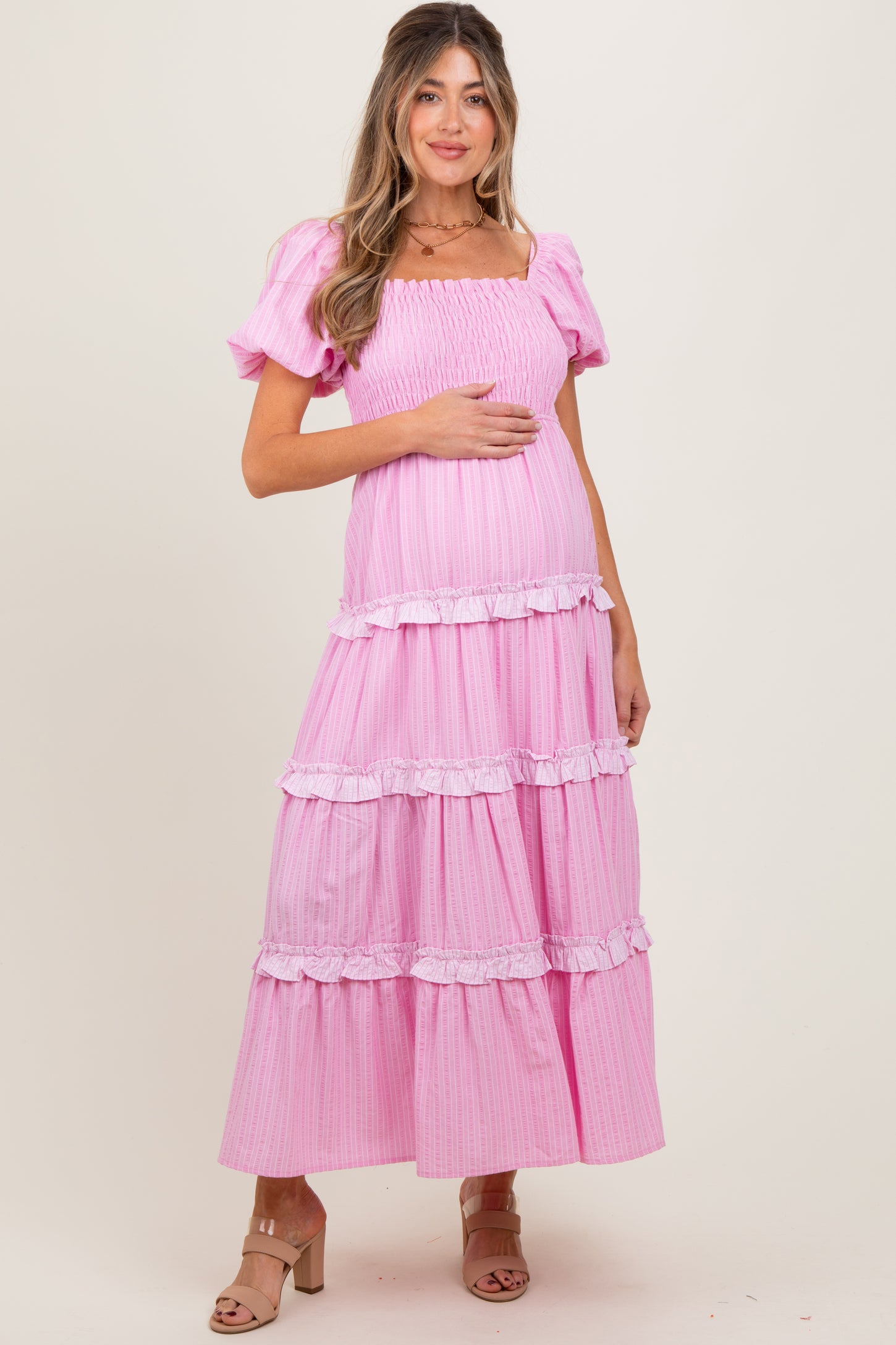 Pink Smocked Ruffle Tiered Puff Sleeve Maternity Maxi Dress