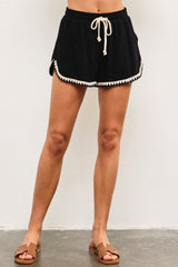 Black Linen Blend Crochet Trim Drawstring Shorts
