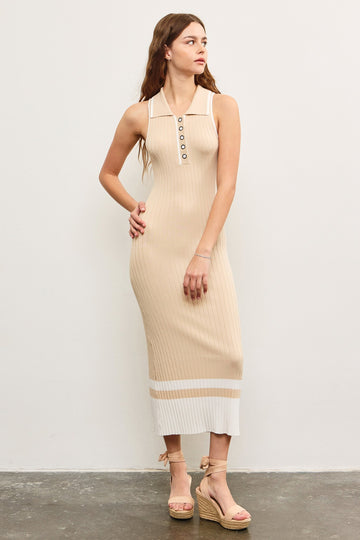 Beige Knit Colorblock Stripe Sleeveless Polo Dress