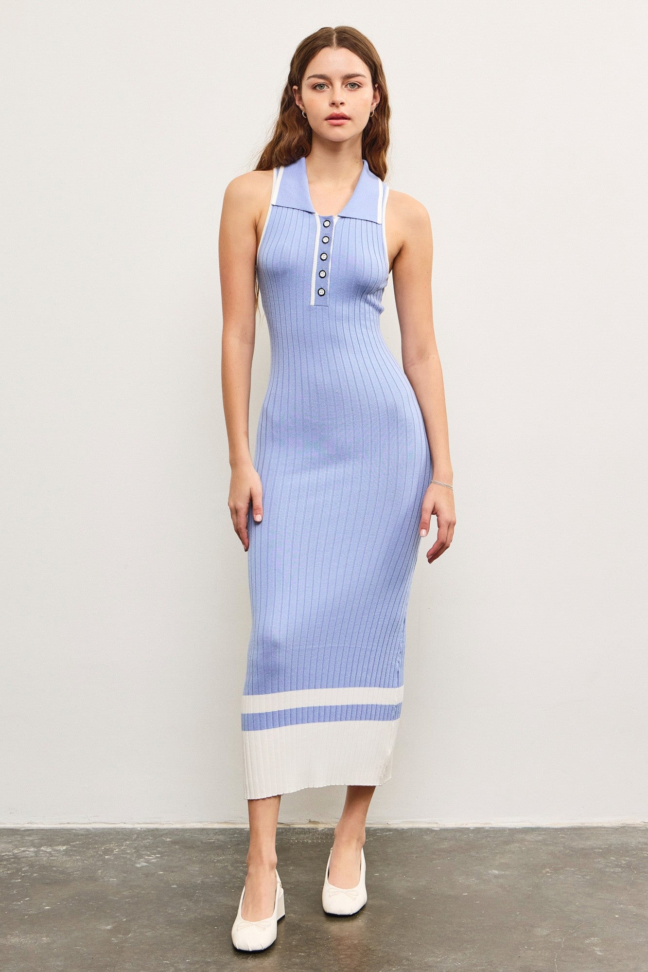 Periwinkle Knit Colorblock Stripe Sleeveless Polo Maternity Dress