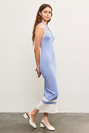 Periwinkle Knit Colorblock Stripe Sleeveless Polo Dress