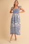 Light Navy Embroidered Smocked Cutout Midi Dress