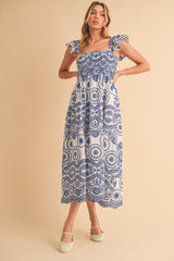 Light Navy Embroidered Smocked Cutout Maternity Midi Dress