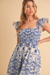 Light Navy Embroidered Smocked Cutout Midi Dress