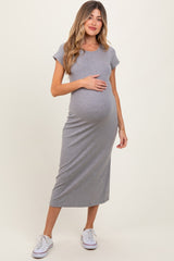Heather Gray Basic Crewneck Maternity Midi Dress