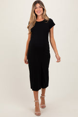 Black Basic Crewneck Maternity Midi Dress