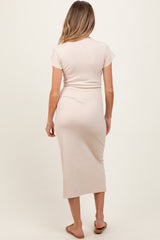 Cream Basic Crewneck Maternity Midi Dress