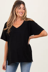 Black Oversized V-Neck Side Slit Maternity Tee