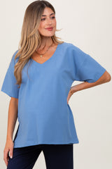 Blue Oversized V-Neck Side Slit Maternity Tee