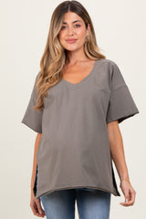 Olive Oversized V-Neck Side Slit Maternity Tee