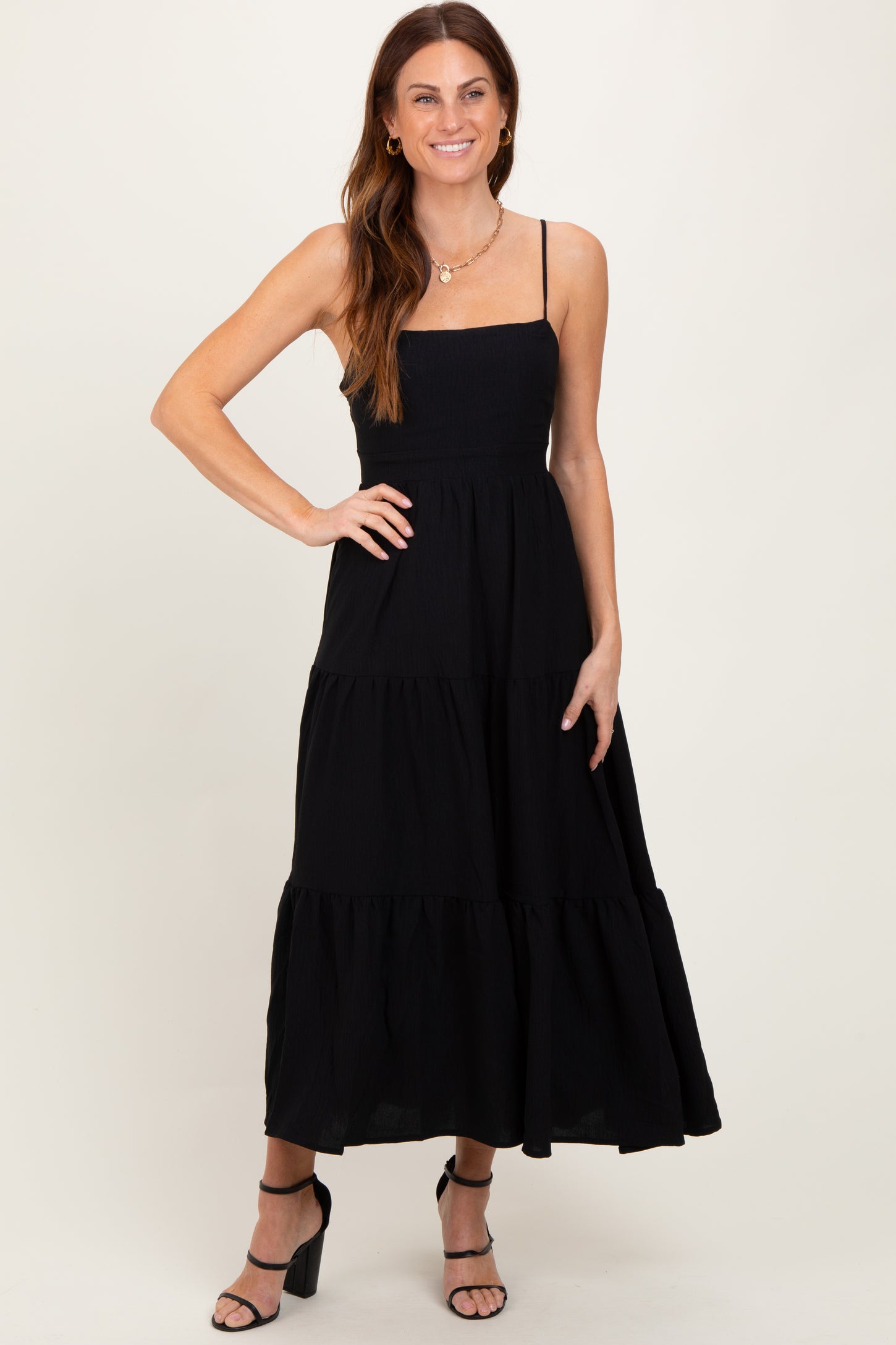 Black Tiered Cutout Tie Back Maternity Midi Dress