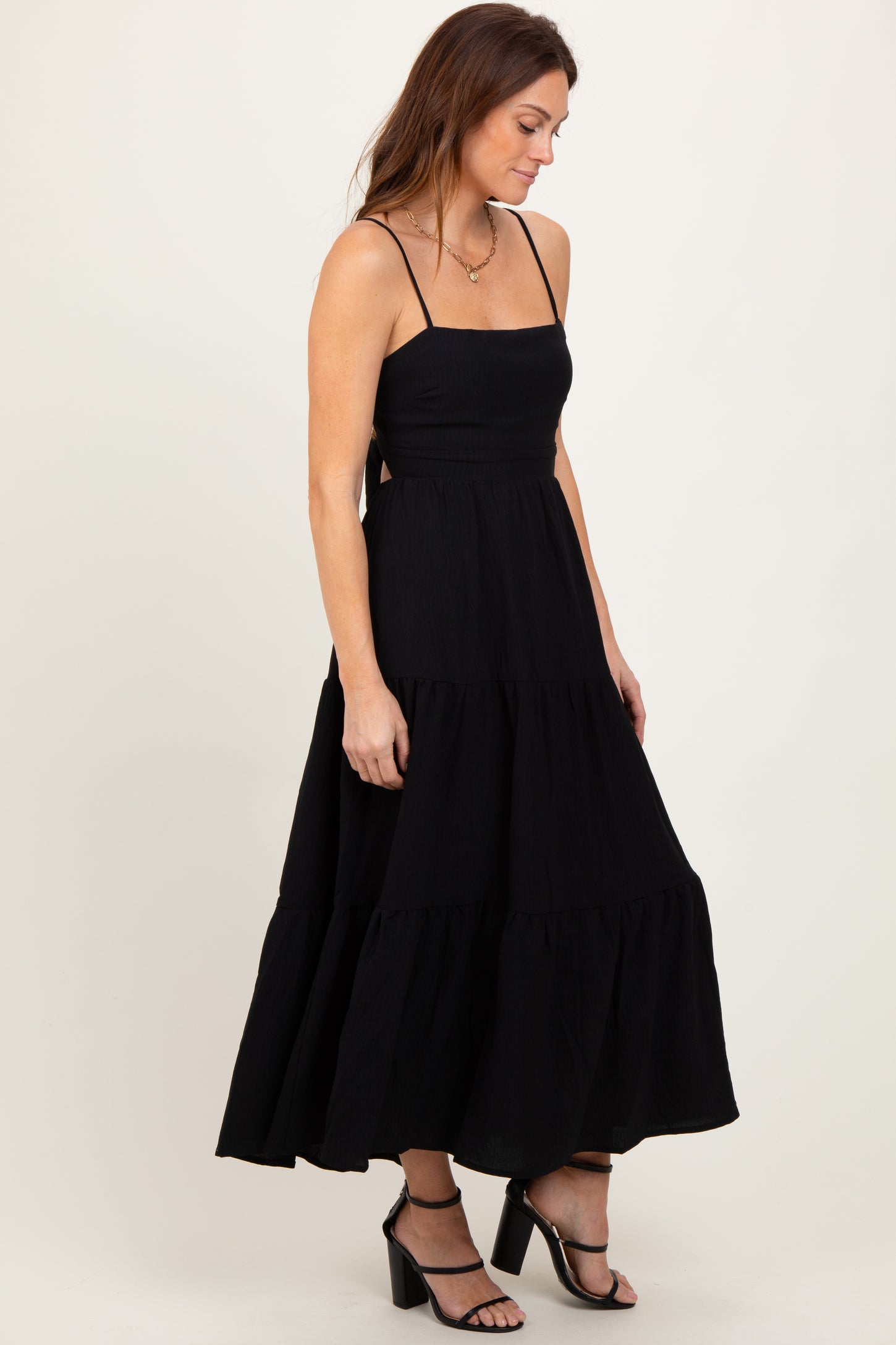 Black Tiered Cutout Tie Back Midi Dress