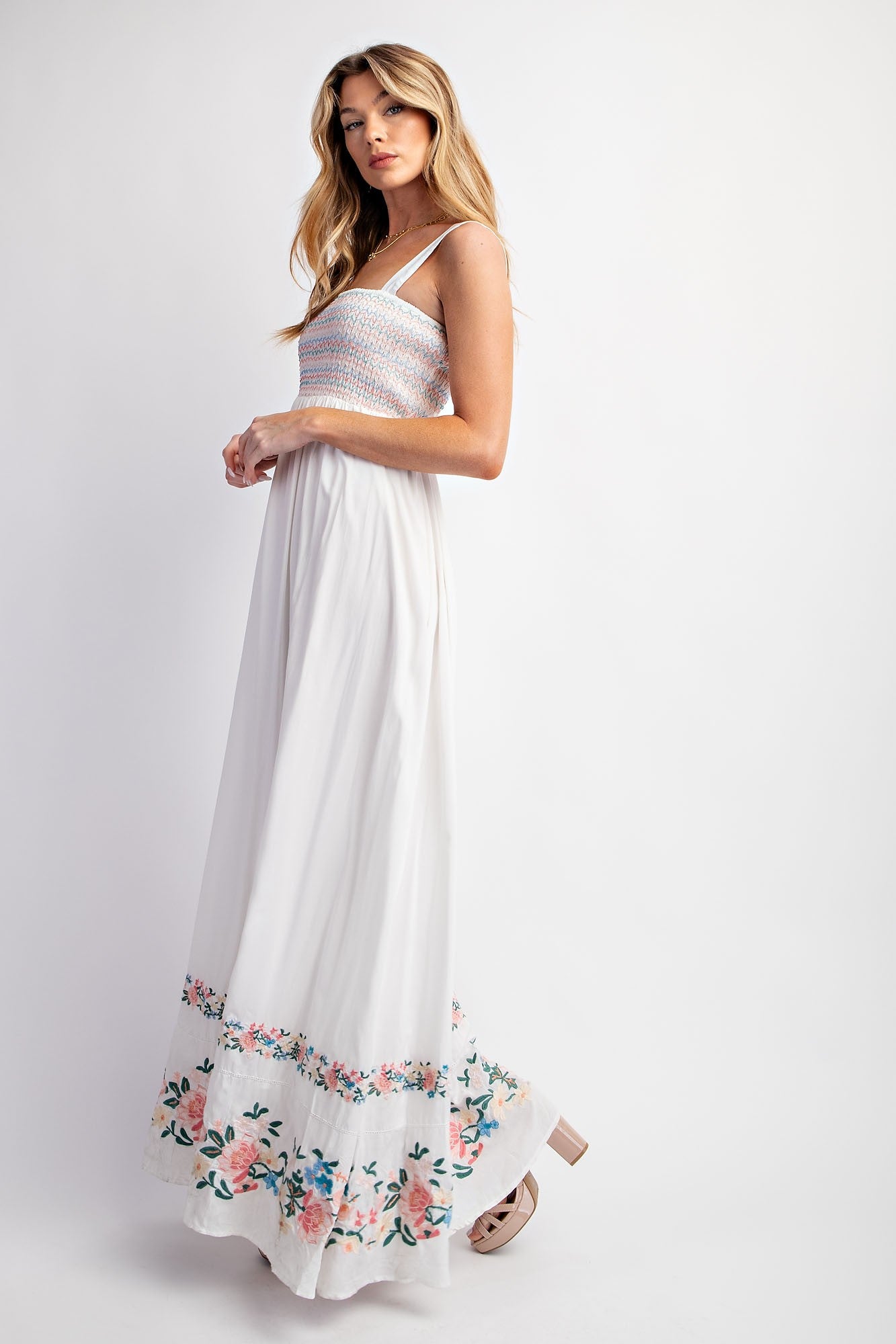 White Smocked Embroidered Floral Border Maxi Dress