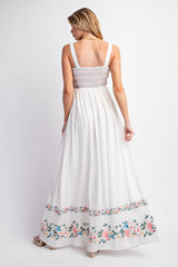 White Smocked Embroidered Floral Border Maxi Dress
