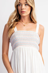 White Smocked Embroidered Floral Border Maxi Dress