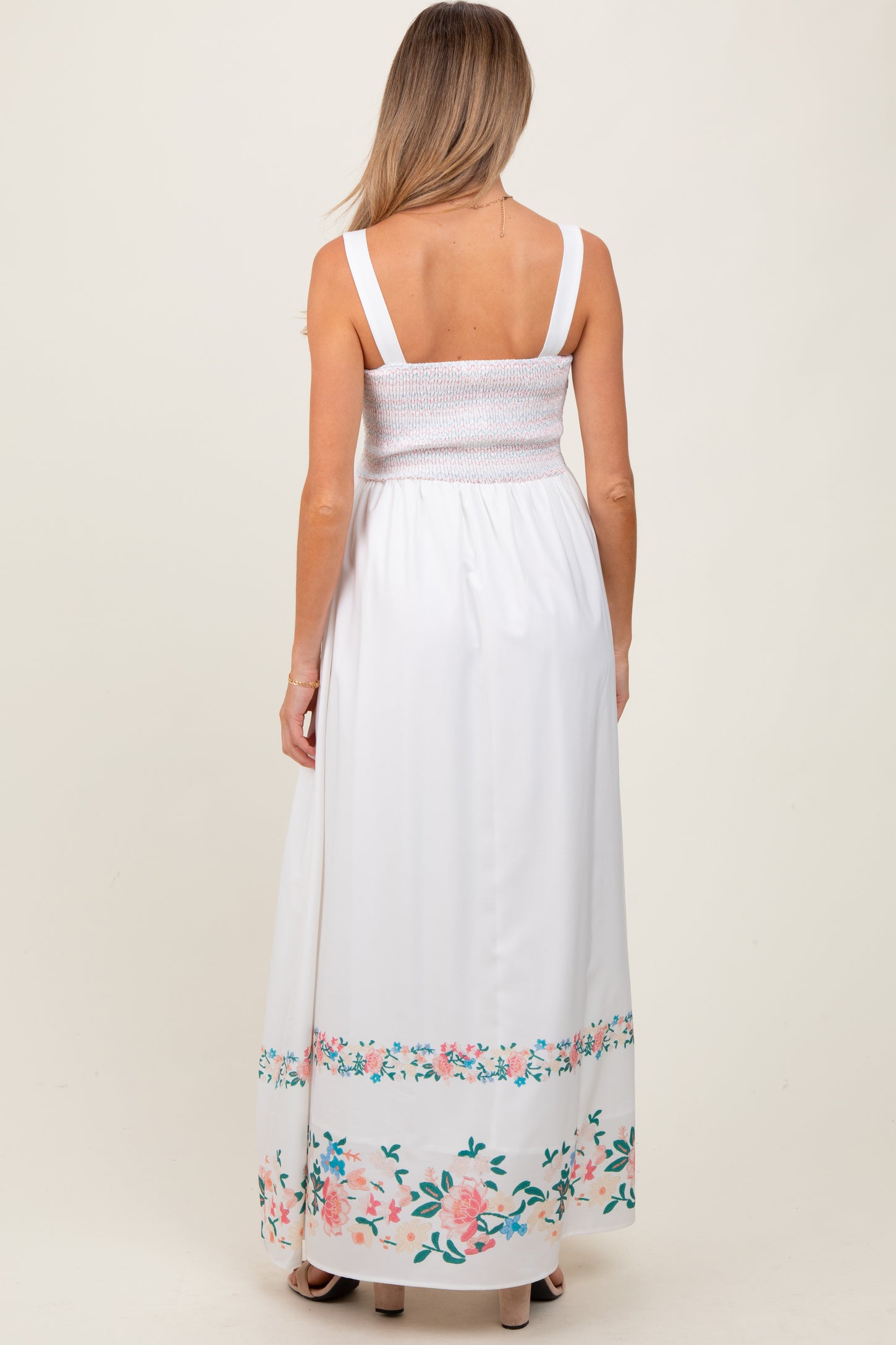 White Smocked Embroidered Floral Border Maternity Maxi Dress