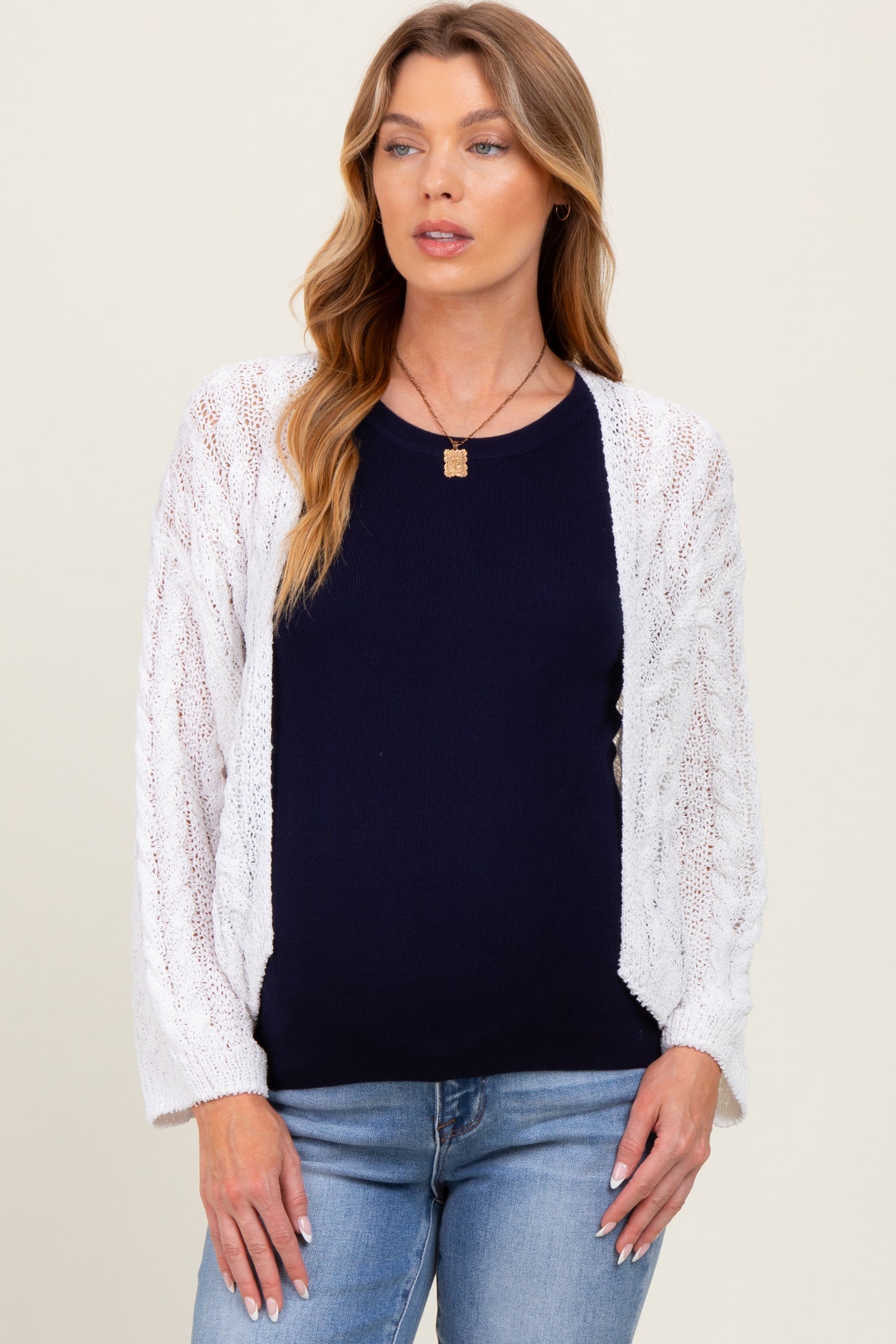 White Cable Knit Maternity Open Cardigan