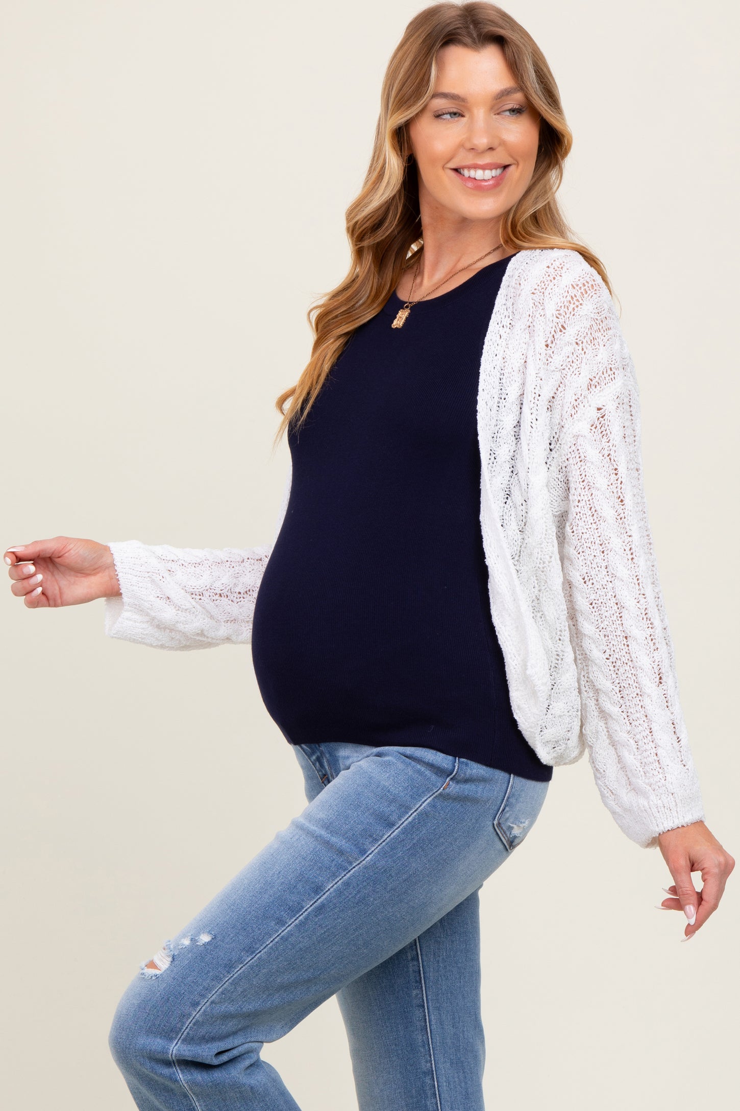 White Cable Knit Maternity Open Cardigan