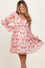 Light Pink Floral Chiffon Plisse Maternity Mini Dress