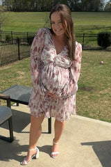 Cream Floral Chiffon Plisse Maternity Mini Dress