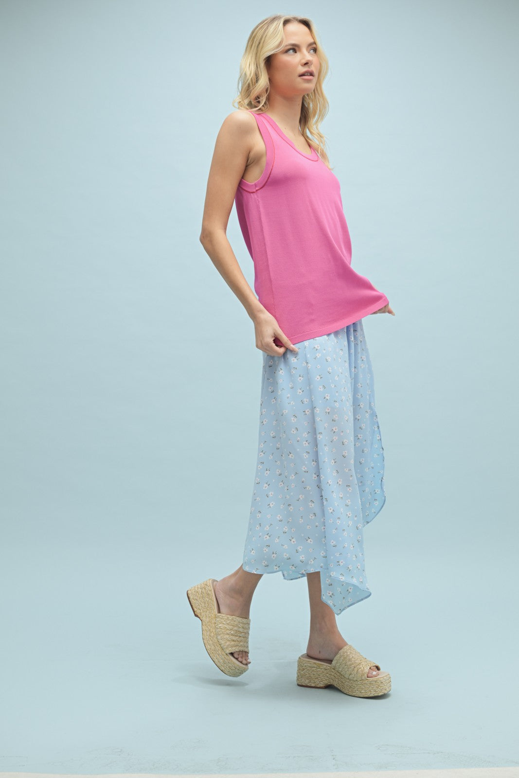 Fuchsia Knit Piping Detail Sleeveless Top