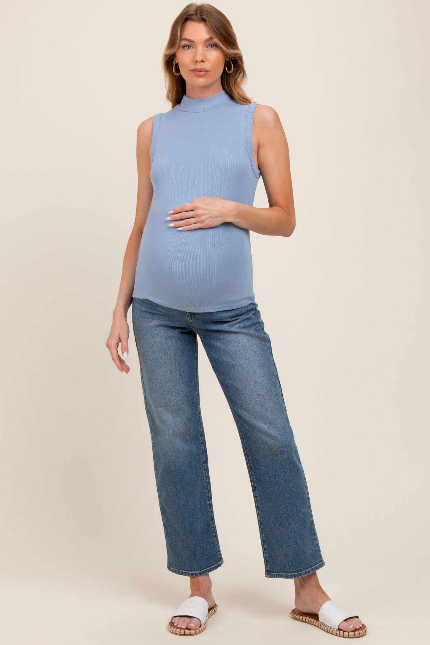 Blue Knit Mock Neck Sleeveless Maternity Top