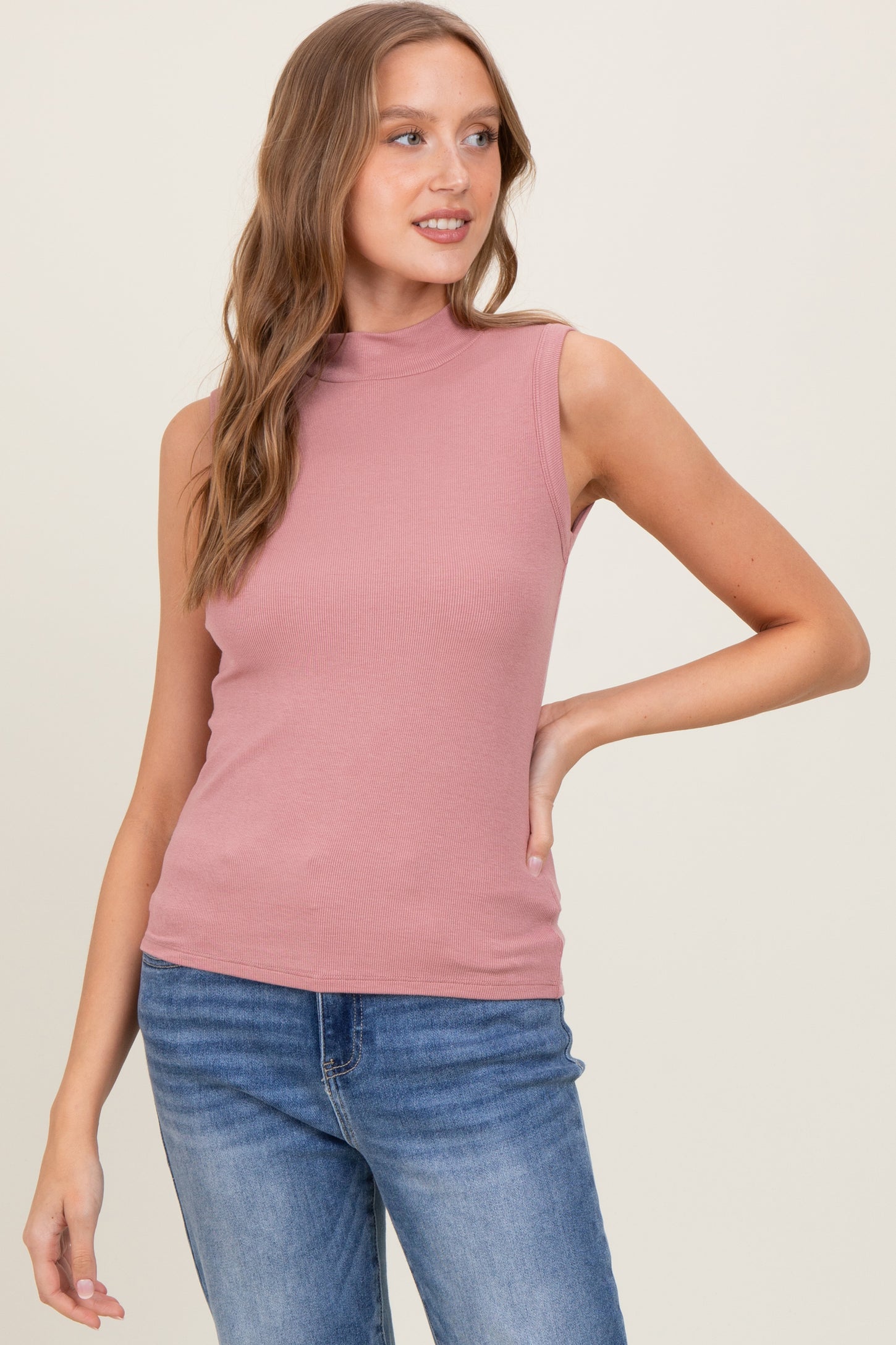 Peach Knit Mock Neck Sleeveless Maternity Top