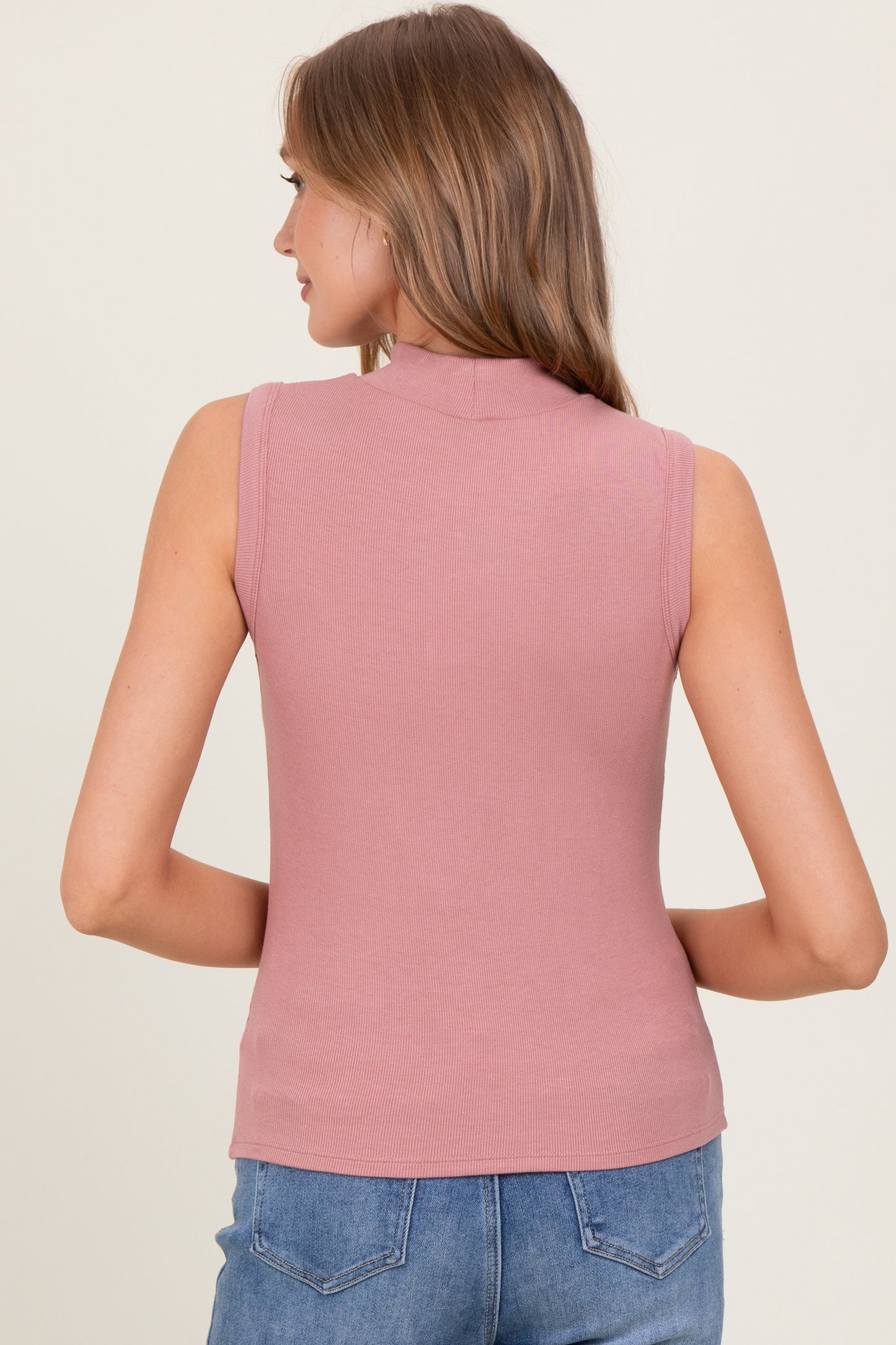 Peach Knit Mock Neck Sleeveless Top