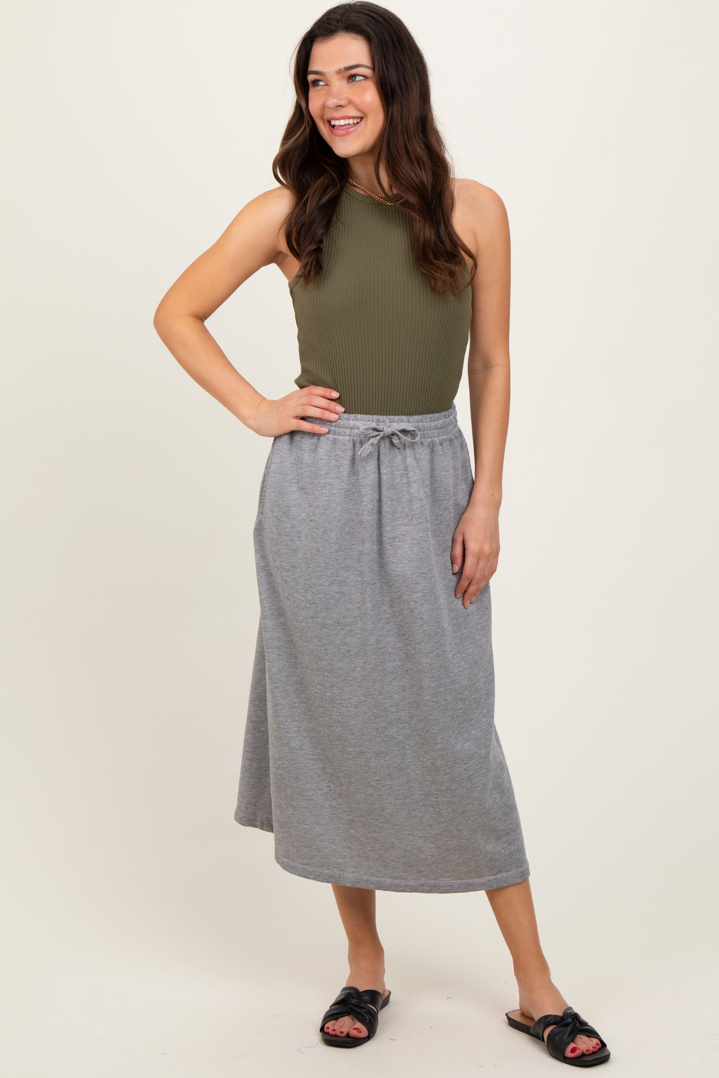 Heather Grey Terry Drawstring Midi Skirt