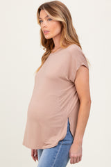 Taupe Dolman Sleeve Round Neck Maternity Top