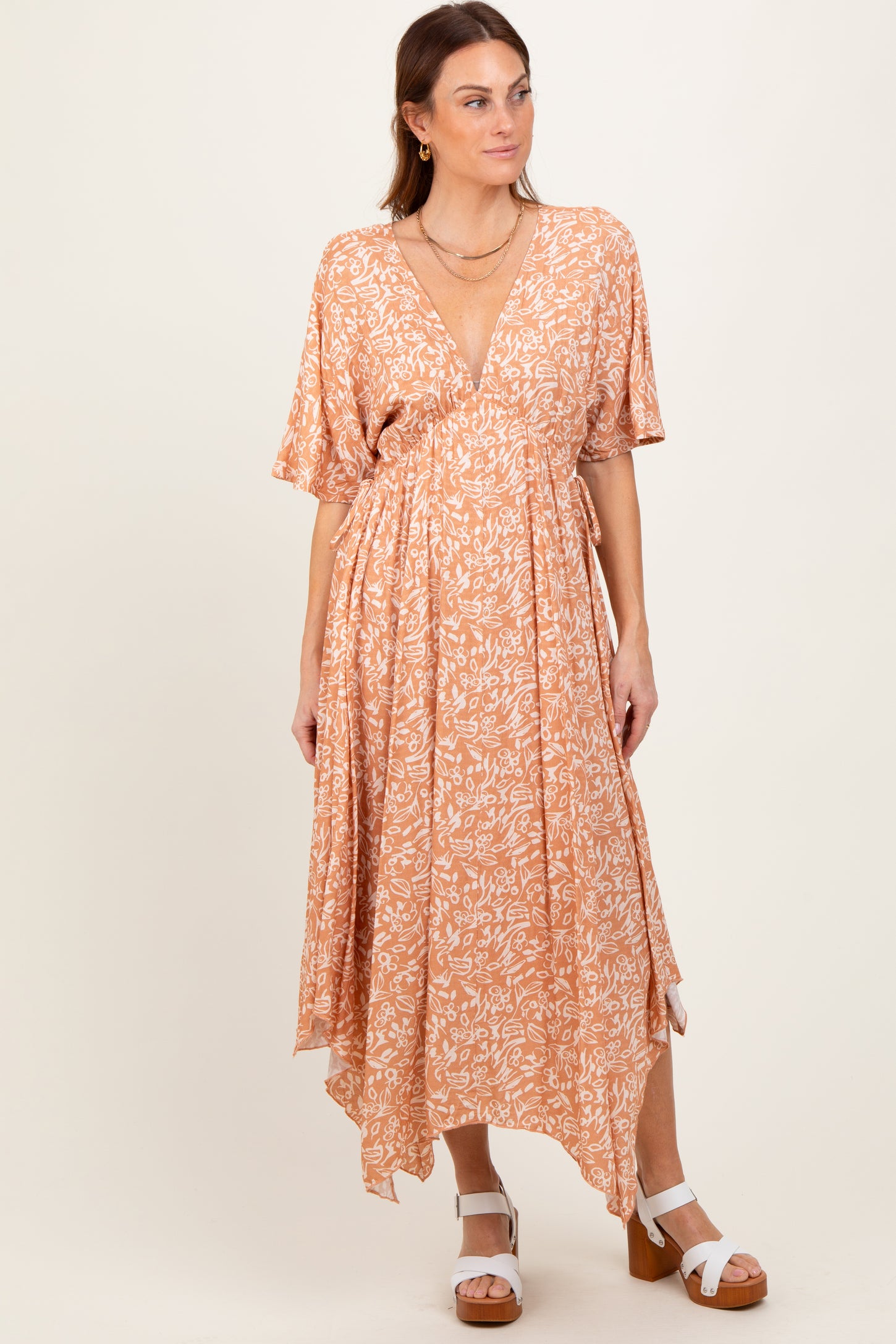 Peach Floral V-Neck Flutter Sleeve Maternity Maxi Dress