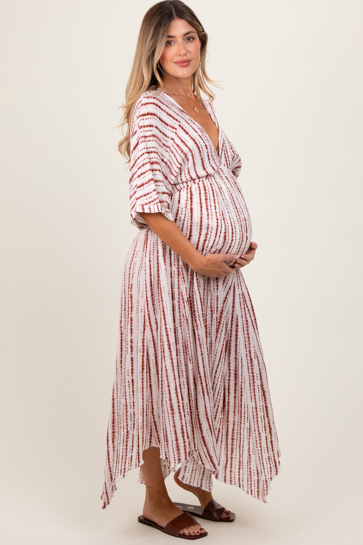 Rust Printed Deep V-Neck Maternity Midi Dress