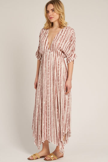 Rust Printed Deep V-Neck Midi Dress