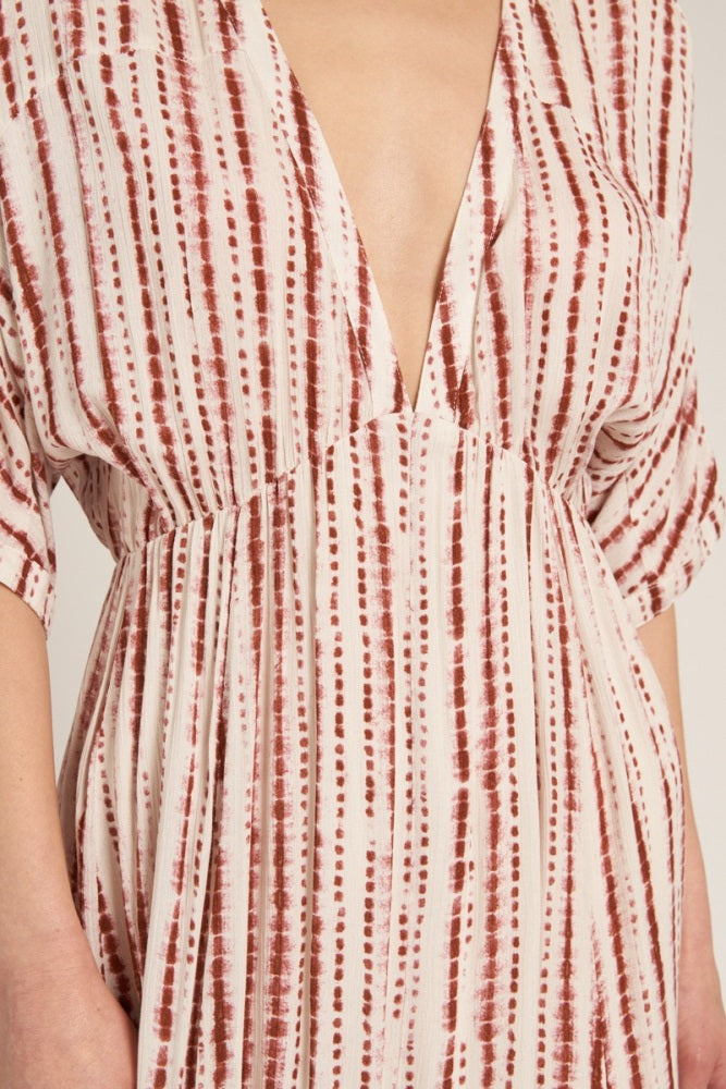 Rust Printed Deep V-Neck Midi Dress